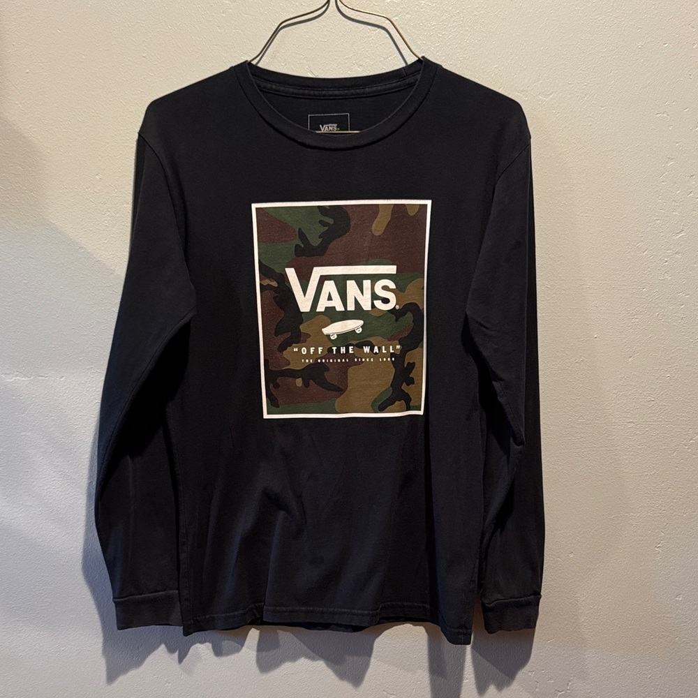 Vans Custom Fit 100% Cotton Black Long Sleeve Classic Print Box Camo Graphic